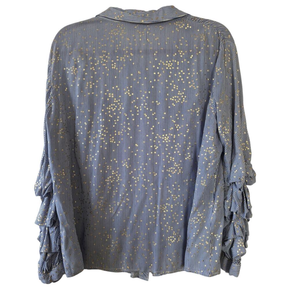 Solitaire Blue and White Striped Long Sleeve Button Down Blouse Gold Star Print - Picture 2 of 6